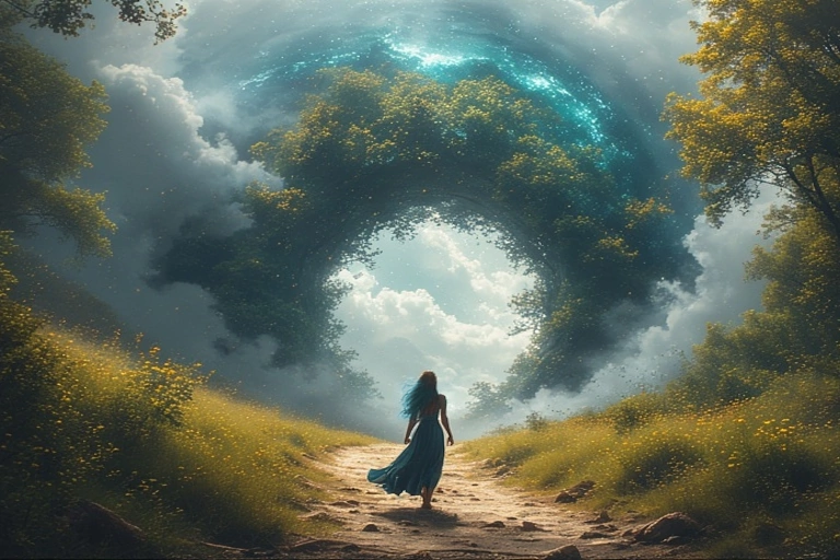 Symbol image: woman in the present depicted as a beautiful place unfolding in front of her as she steps forward