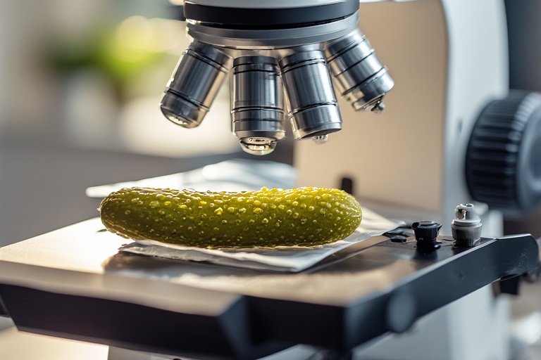 Symbolfoto: Gewürzgurke unter dem Mikroskop.