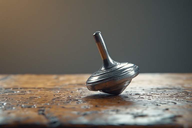 Symbolbild: Metallkreisel dreht sich auf Holztisch