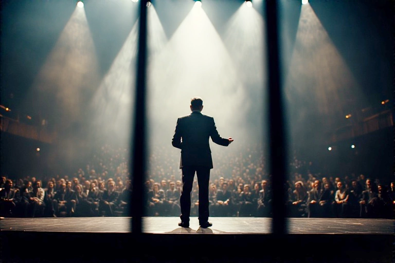 Symbolgrafik: Mann auf Bühne vor Publikum