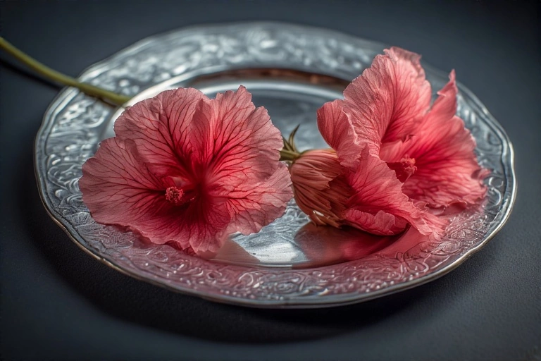Symbolfoto: Stockrosenbllüten auf einem silbernen Teller