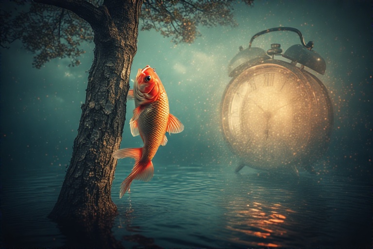 Symbolfoto: Albtraumhafte Szene in der ein Fisch versucht einen Baum zu erklimmen in dem Moment als der Wecker alles unterbricht